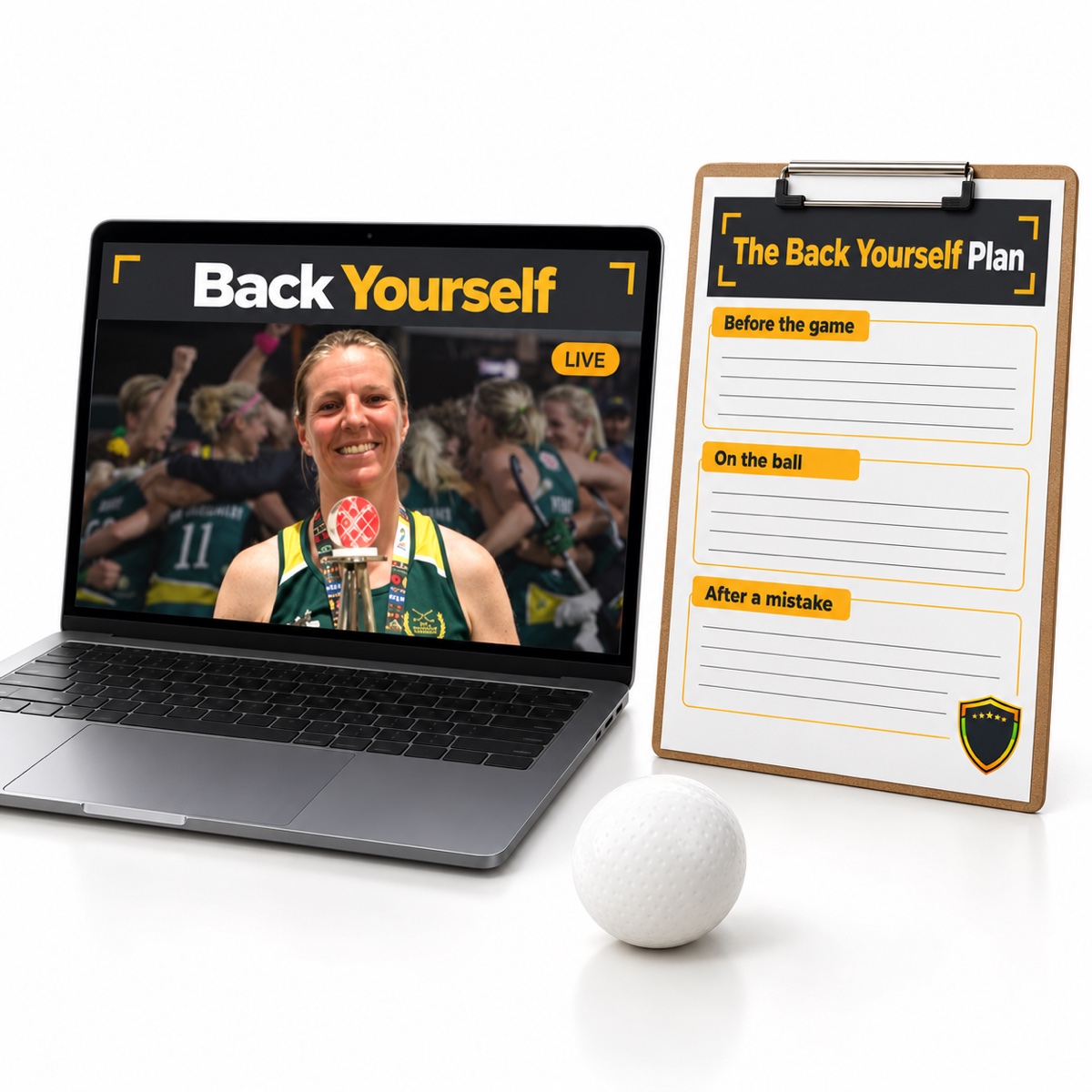 Everything in Back Yourself: the plan sheet, the laptop with the live session, and the replay on a phone
